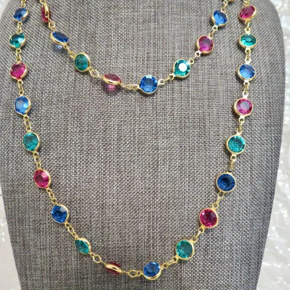 SWAROVSKI 36" Gold Tone Bezel Set Multicolor Crystal Long Necklace - Picture 4 of 7